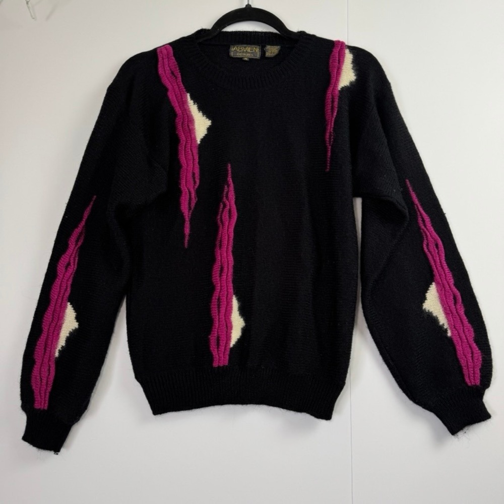 Vintage Abvien Knitworks Abstract Sweater Black Pink White Wool Angora Blend M